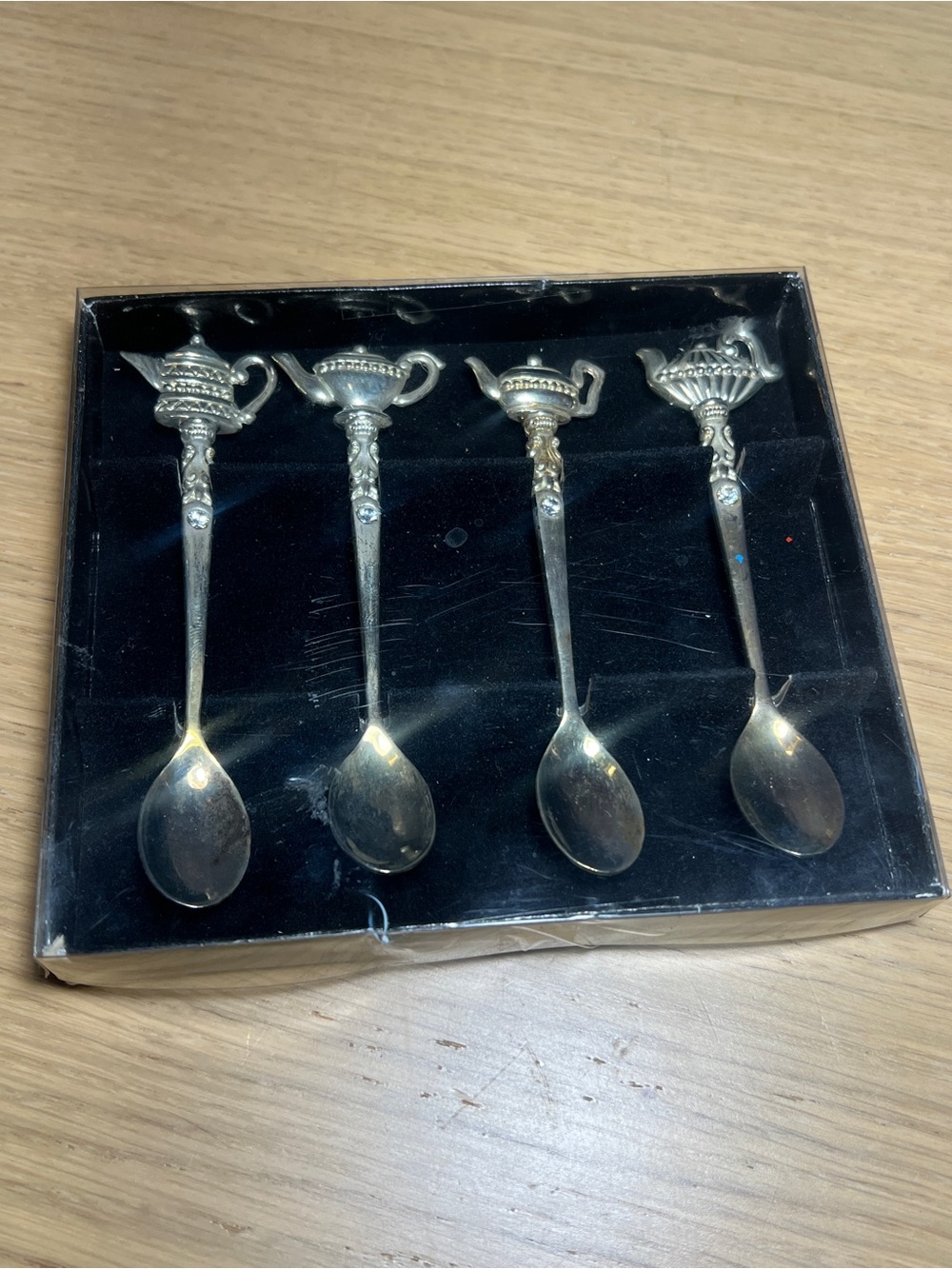 Vintage Elegance Silver Teapot Spoons w/ Crystals - Set of 4 In Box